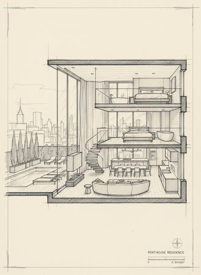 A pencil sketch of a penthouse