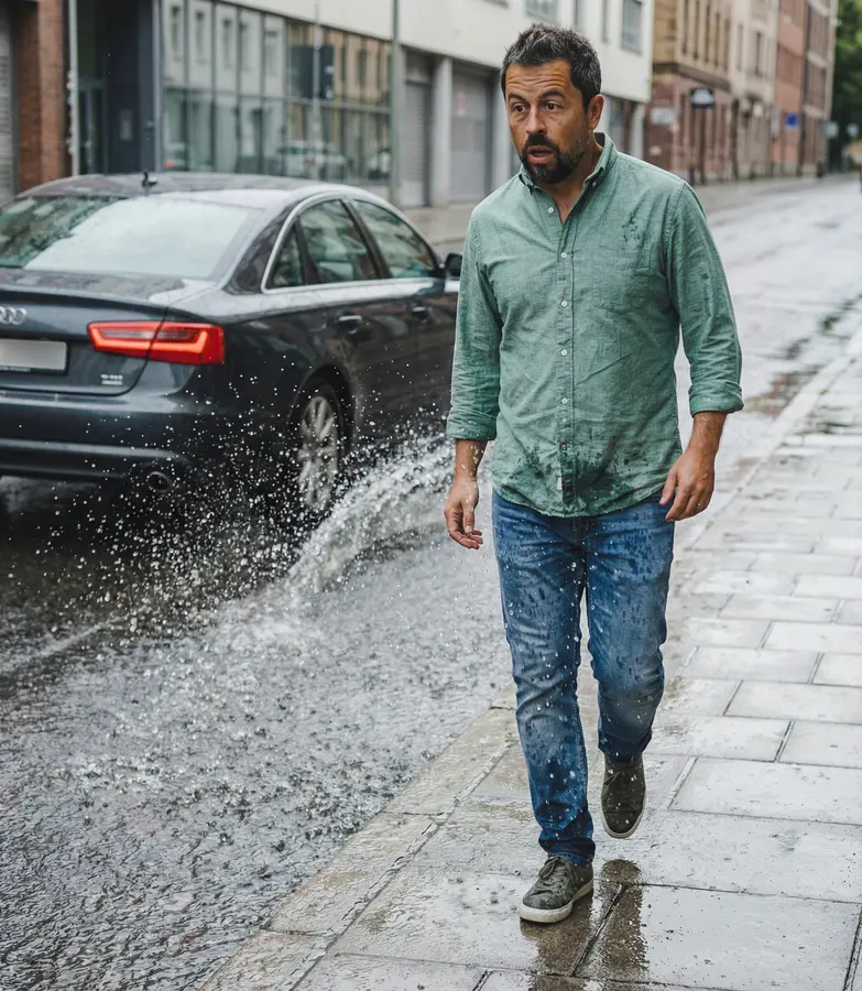 Splashed by a passing car