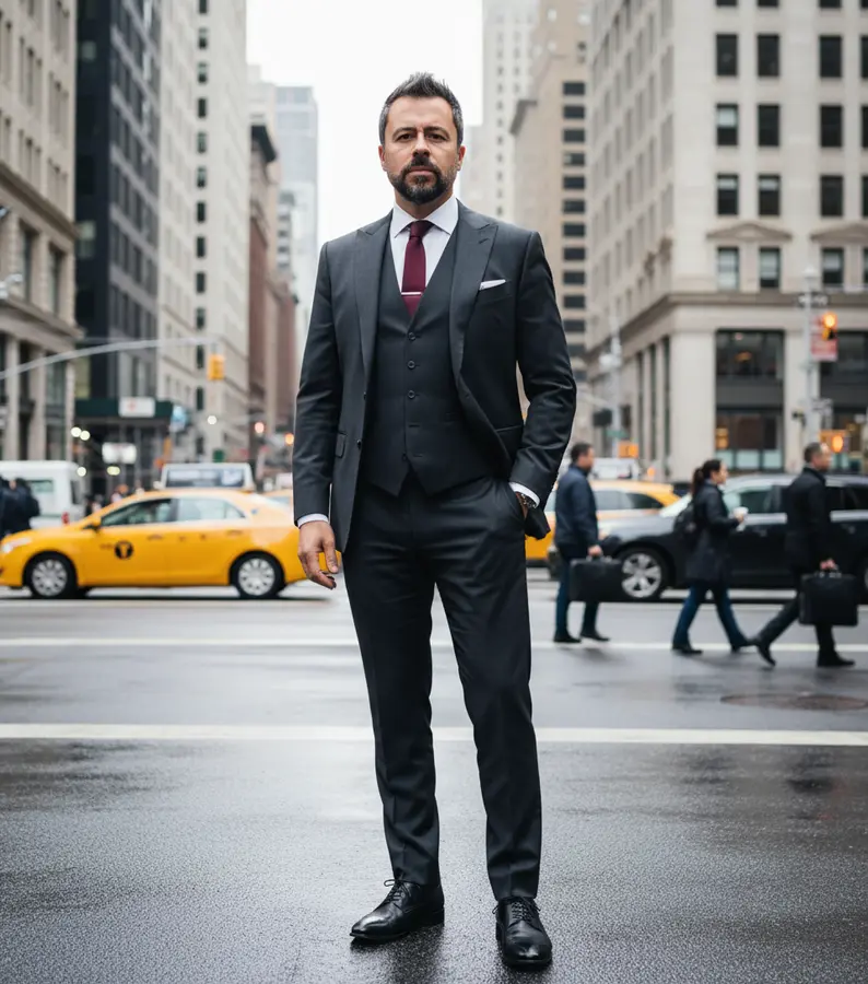 The portrait as a full-body shot in a business suit in Manhattan