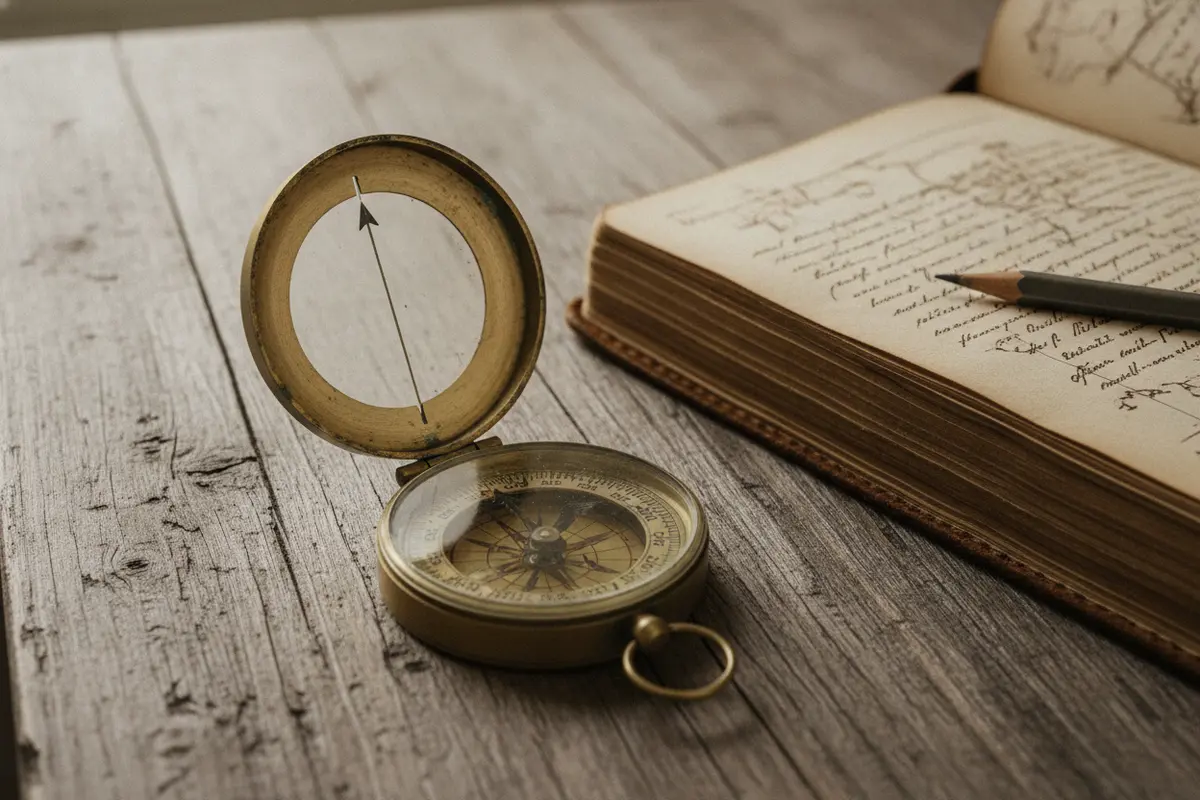 A brass compass and a notebook on a wooden table