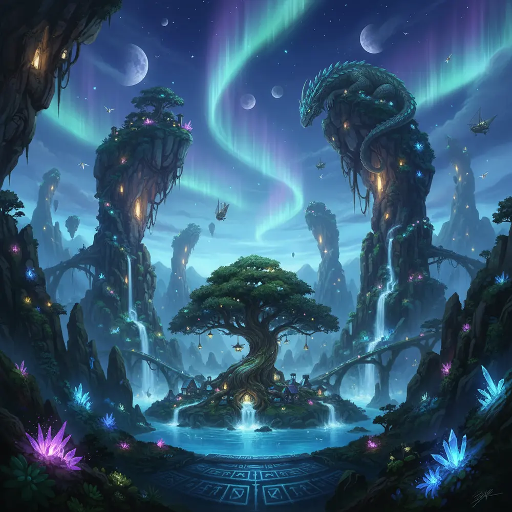 A fantasy landscape with a glowing tree
