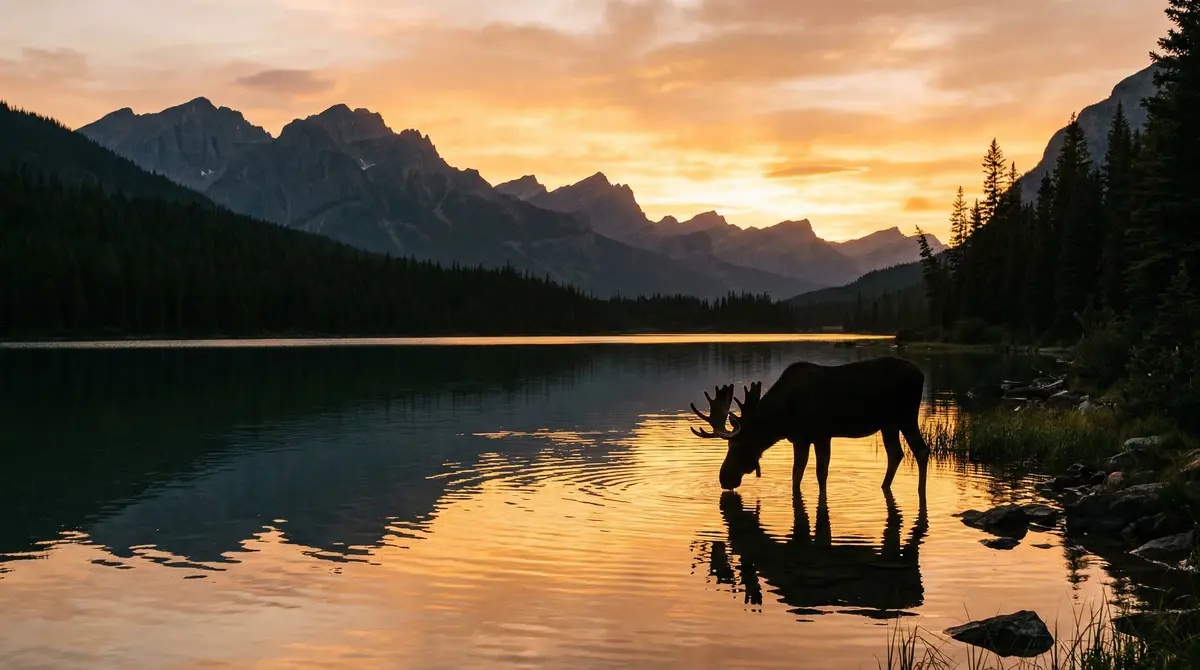 A moose at a mountain lake at golden hour