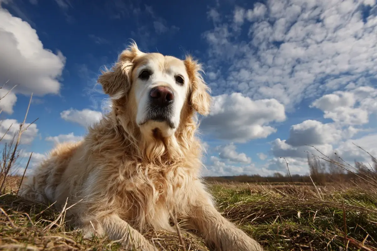 A golden retriever in a meadow