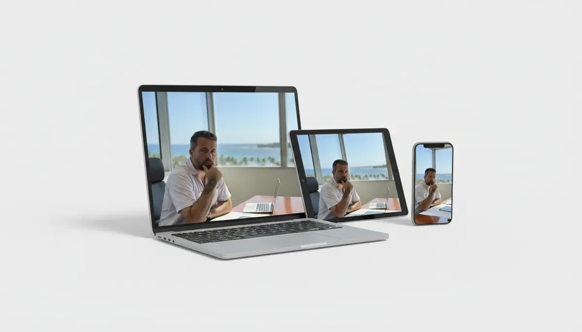 A laptop, tablet and phone with a portrait at the sea