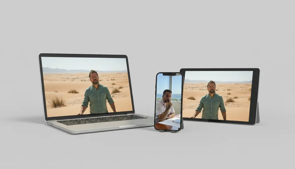 A laptop, phone and tablet with a desert scene